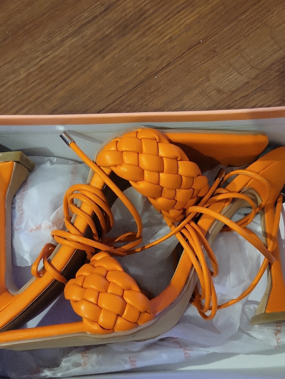 Woven Lace-Up Heeled Sandals in Bright Orange